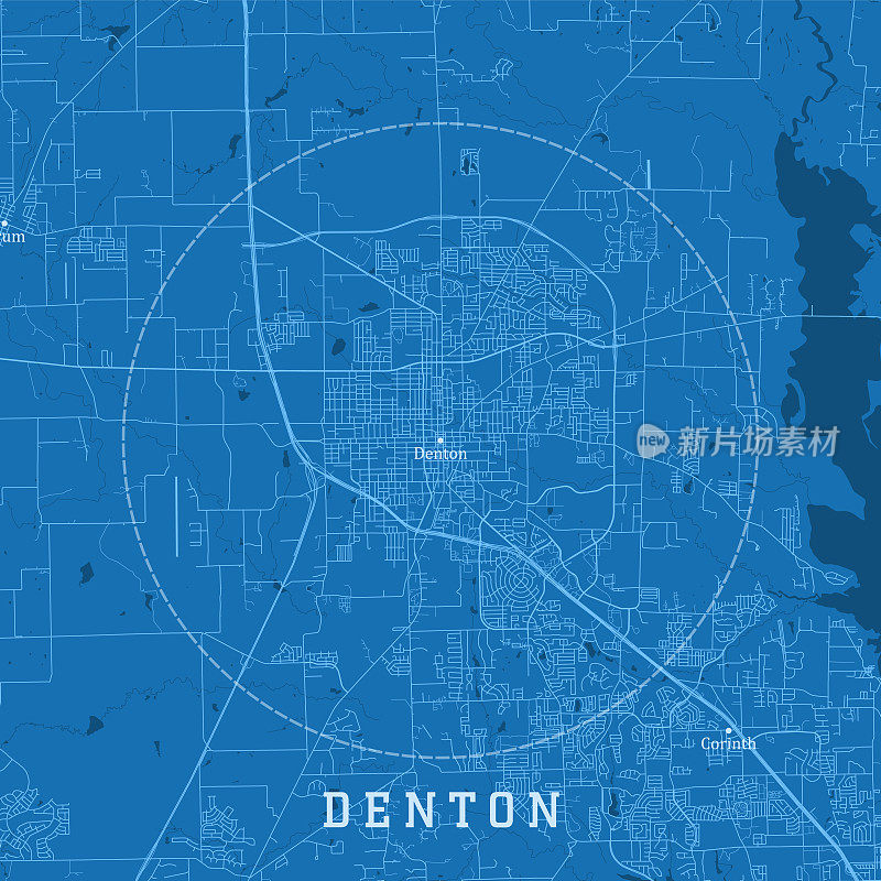 Denton TX城市矢量道路地图蓝色文本